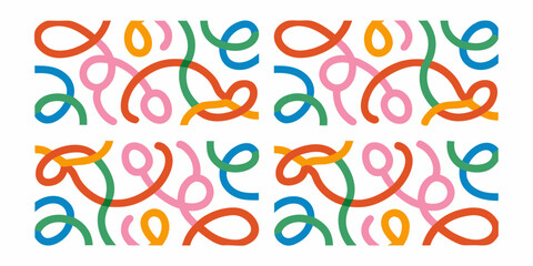Playful abstract ribbon pattern with colorful loops and curves on white