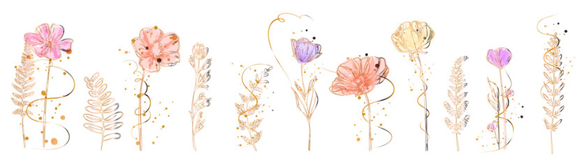 Artistic botanical linework composition including flowers, herbs, leaves and stems illustrated in a detailed and delicate hand-drawn floral style.