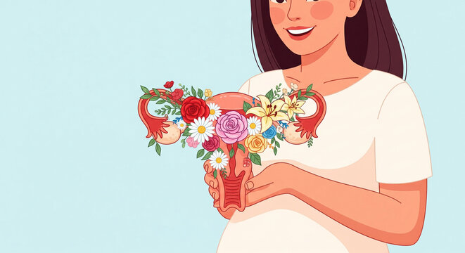 Happy woman holding uterus decorated with flowers as a female symbol of menstruation and menopause, vector illustration of pregnancy and reproductive medicine. Care of female reproductive system