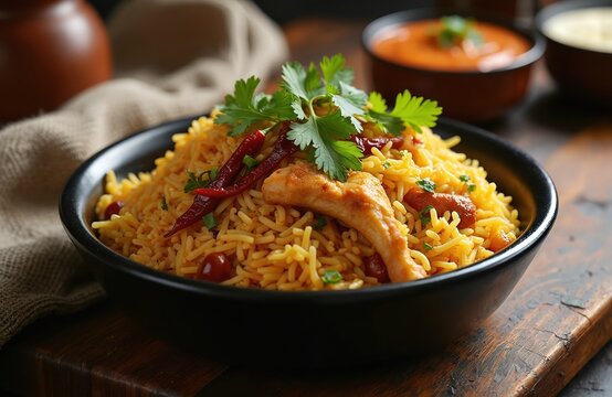 Black bowl holds chicken biryani. Fragrant yellow rice with tender chicken pieces, fresh herbs, dried chilies, small garnishes sits on rustic wood table. Flavorful traditional Indian meal. Small