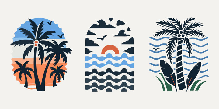 Tropical island illustrations with palm trees sunset and ocean waves in arched frames