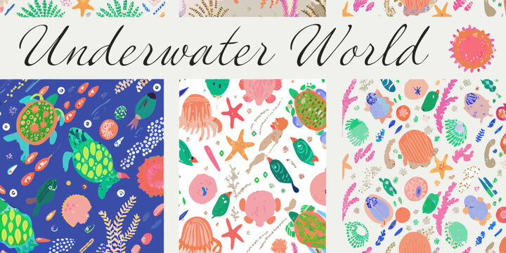 Vibrant underwater world illustration with sea creatures and plants