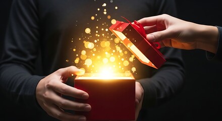 Two pairs of hands open a red gift box tied with a ribbon, releasing a burst of magical, glowing golden light and sparkling particles, symbolizing surprise and wonder.