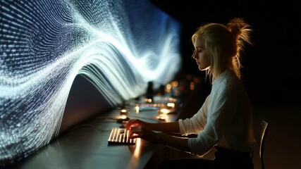 A young woman focused on her work at a sleek workstation, surrounded by flowing digital waves on a large display, showcasing the harmony of technology and creativity in a modern workspace. - Powered by Adobe