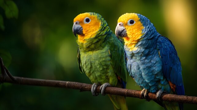 A beautiful pair of colorful blue and green parrots perched on a branch in a lush tropical forest.
