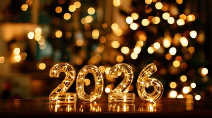 Obraz premium Golden illuminated numbers representing the year 2026 with a bokeh background of festive lights creating a warm celebration atmosphere during holidays
