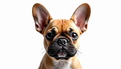 Fototapeta premium Close up head shot of french bulldog on white backdrop. Pet has big ears. Dog looks at camera with attentive, serious expression. Animal has tan and black fur.