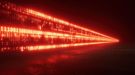 Digital Data Stream with Binary Code in Red Hue Illuminating Dark Background, Representing Technology, Information and Modern Computing Concepts