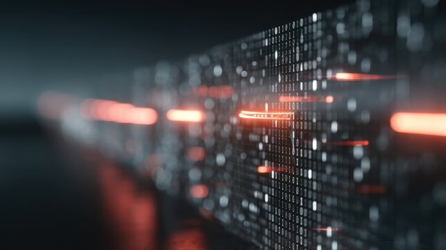 Abstract digital landscape with glowing lines and binary code creating dynamic futuristic atmosphere, representing technology and data in motion