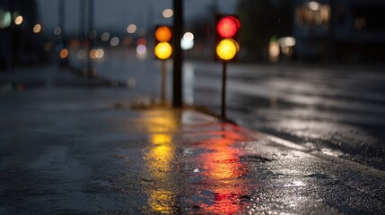 Traffic Lights Reflecting On Wet Street At Night. Urban Scene With Rain And Blurred City Lights