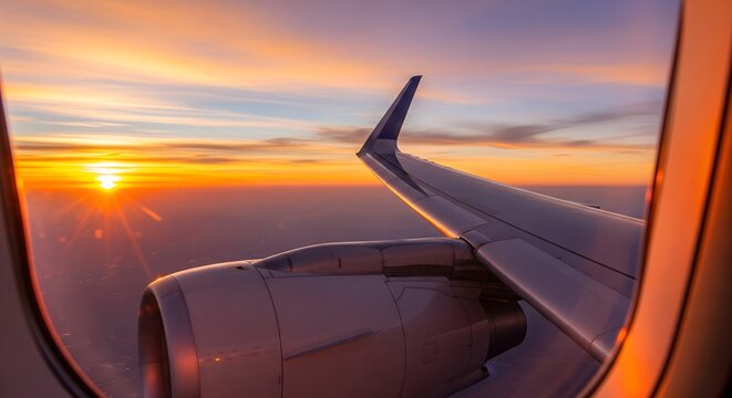View from an airplane window of the wing and engine, capturing a vibrant, golden orange sunset over the horizon, symbolizing air travel, journey, and adventure