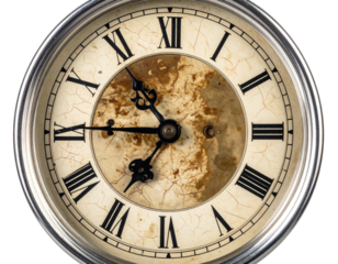 Close-up of an old, cracked clock face with Roman numerals, hands pointing near ten past four