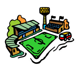 Illustrated colorful stadium with stands and lighting mast, in the autumn period on a white isolated background