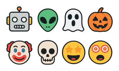 Halloween emoji collection: robot, alien, ghost, pumpkin, clown, skull, star, hypnotic faces