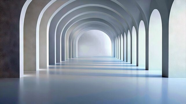 A long, symmetrical corridor with a series of repeating arches, leading to a bright, diffused light source at the end. The floor is highly reflective, mirroring