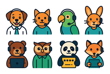 Colorful animal characters as customer service representatives with headsets