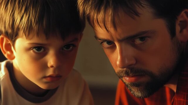 Emotional scene featuring a man and two boys in a room, the father looking sternly at his son with an accusing expression.