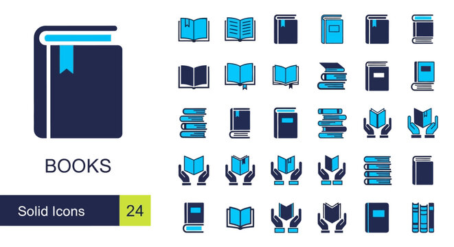 Comprehensive set of book-themed vector icons, showcasing modern solid and line styles for diverse reading, education, and library applications