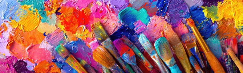 Obraz premium A vibrant image depicts close up art supplies. Paintbrushes rest on a colorful palette of artistic paint