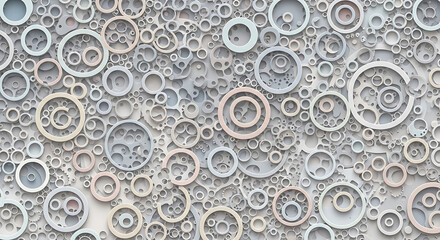 Intricate abstract background with a complex pattern of layered concentric circles in muted pastel colors, creating a sense of depth and modern design