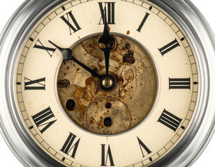 Antique pocket watch close up, showing Roman numerals on a cream face, and gears
