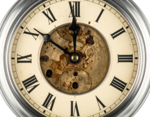 Antique pocket watch close up, showing Roman numerals on a cream face, and gears