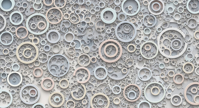 Intricate abstract background with a complex pattern of layered concentric circles in muted pastel colors, creating a sense of depth and modern design