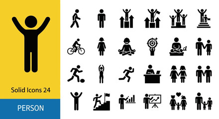 Modern vector icon set showcasing diverse human activities, business interactions, sports, and lifestyle concepts with minimalist design for broad graphic applications