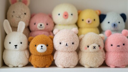 Plush Toy Collection Displayed On Shelf. Cute And Colorful Stuffed Animals For Kids' Room Decor
