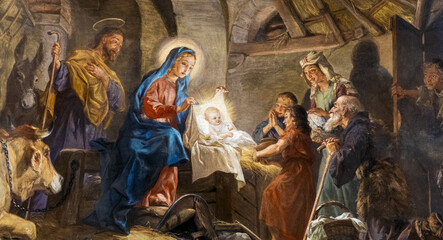 Fresco of Christmas Nativity Scene with Virgin Mary, Saint Joseph, and Jesus baby.