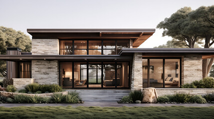 Modern house with stone texture reflects daylight, ideal for architectural design, home staging, or real estate marketing.