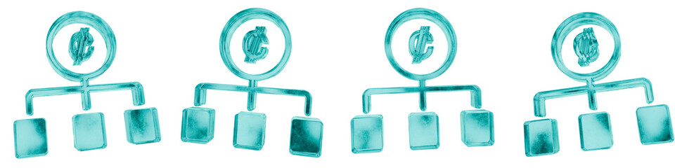 Set of four 3D costa rica colon money allocation shapes in frosted blue ice glass style, isolated on a transparent background. Glassmorphism icons and 3D elements for modern graphic design.