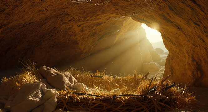 An empty manger in a rustic cave with golden light streaming in. Christmas native scene representing the birth of Jesus Christ and the Christian story of faith