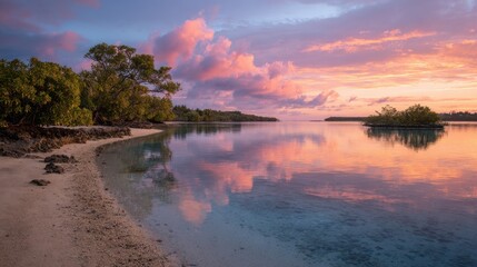 Tropical Beach At Sunset With Vibrant Sky Reflections. Serene Coastal Landscape