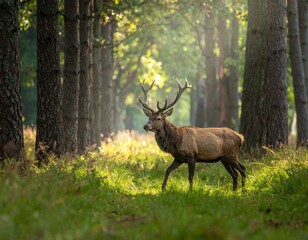 Majestic Red Deer Stag Walking in a Sunlit Forest Meadow