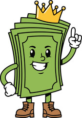 Cartoon money stack with a royal crown pointing upward showcasing financial leadership and wealth concept
