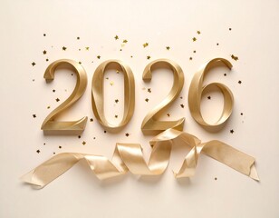 Golden 2026 Numbers with Ribbon and Star Confetti on a Beige Background