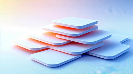 A composition of overlapping, rounded square geometric shapes in white and light blue, arranged in a staggered, layered formation. Soft, warm light emanates fro