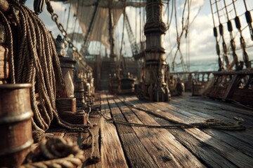 Vintage sailing ship deck with rigging and weathered wood at sea