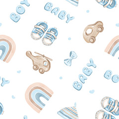 Cute Hand-Drawn Baby Boy Essentials Seamless pattern 