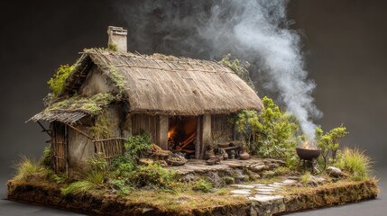 Rustic cottage with thatch roof and outdoor cooking area in a lush forest setting