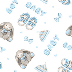 Cute Hand-Drawn Baby Boy Essentials Seamless Background