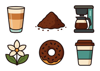 Coffee icons collection: drink dispenser, ground beans, cup, flower, doughnut