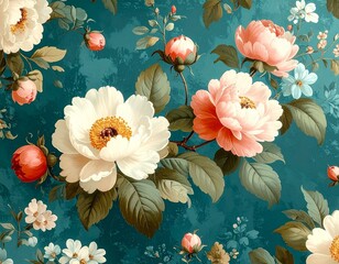 Vintage Style Floral Pattern with Pink Peonies and White Flowers on Teal Background