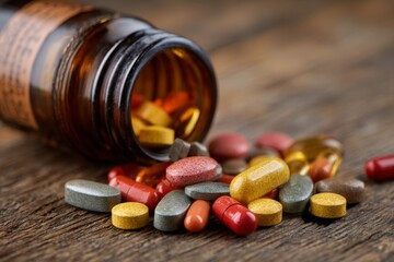 Spilled variety of colorful capsules and tablets from brown bottle on wooden table
