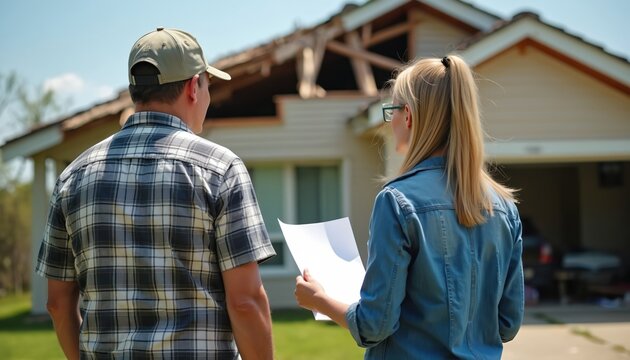 Man, woman inspect damaged house roof. Insurance agent assesses homeowner property after storm damage. People estimate destruction. House needs renovation after natural disaster, needs to be repaired.