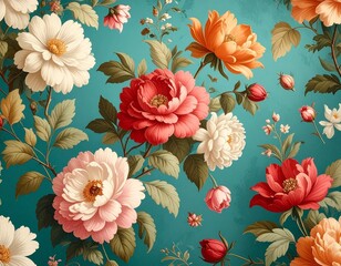 Vintage Style Floral Pattern with Pink Peonies and White Flowers on Teal Background