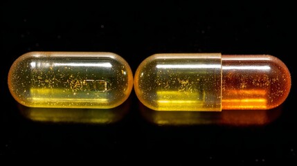 Close-up of two transparent capsules on black background with golden particles
