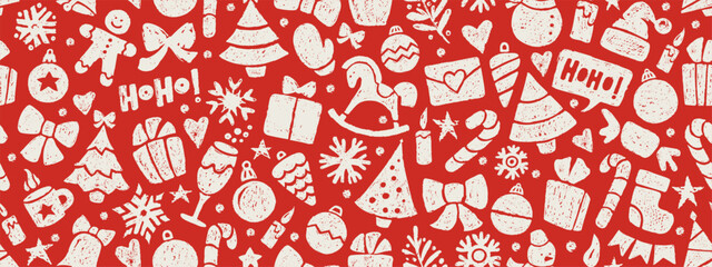 Christmas seamless pattern with crayon icons. Cute backdrop with Christmas tree, snowman, Santa hat and candy cane. Winter holiday items. Bright crayon gift box, snowflake, star and bell, vector illus