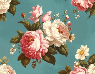 Vintage Style Floral Pattern with Pink Peonies and White Flowers on Teal Background